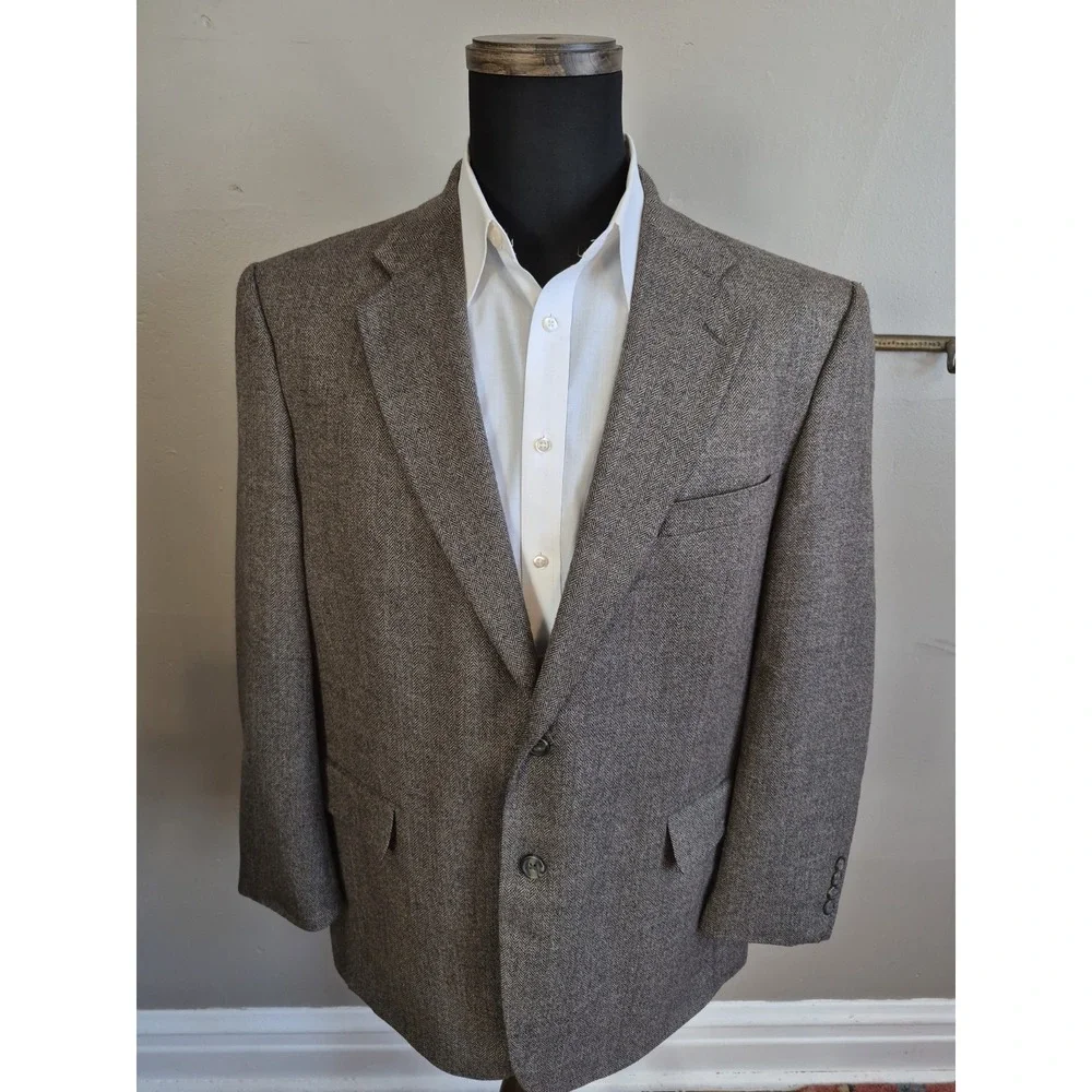 RBM Mens Wool Sports Coat 46R Taupe Herringbone 2 Button Blazer H703